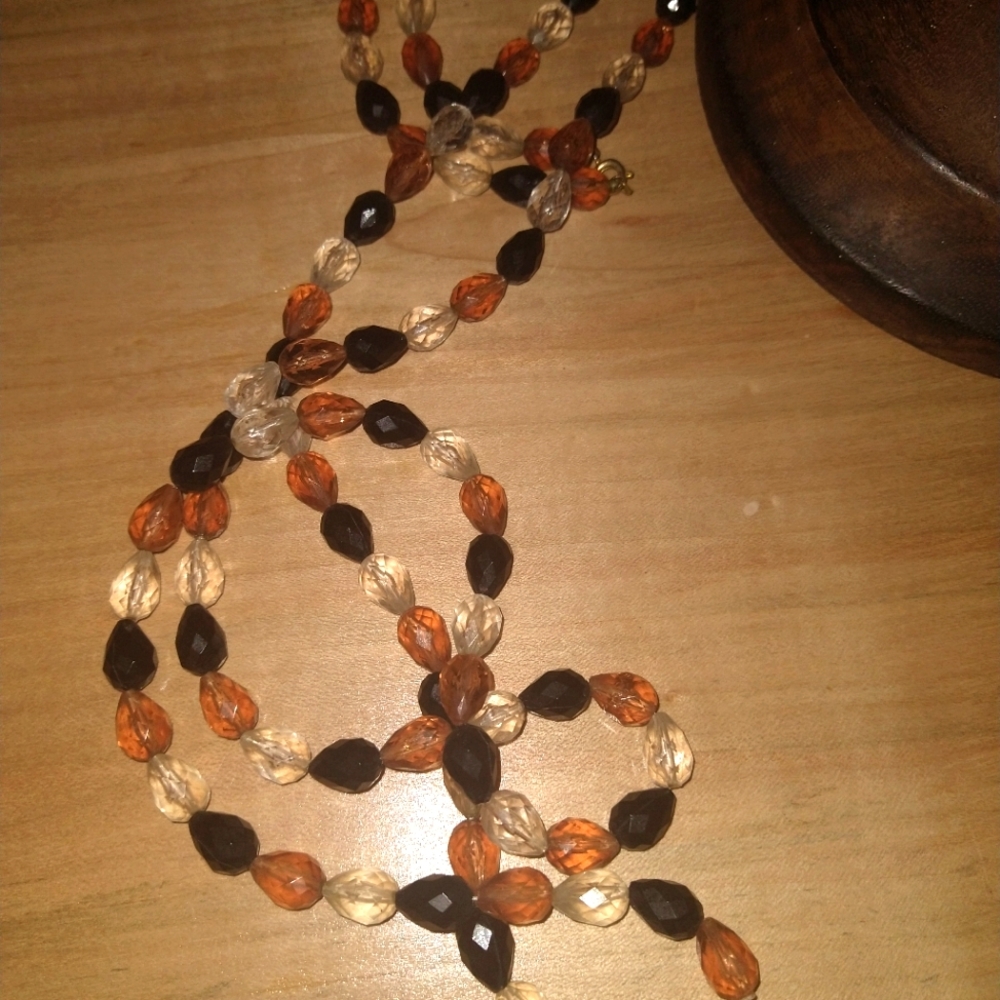 Vintage Black/Brown/Clear Beaded Long  Necklace